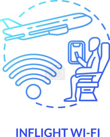 Illustration for "Inflight wifi blue concept icon. Airplane service for mobile phone. Internet onboard. International wireless coverage. Roaming idea thin line illustration. Vector isolated outline RGB color drawing" - Royalty Free Image
