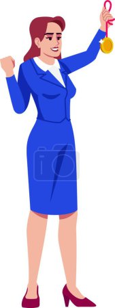 Illustration for "Successful female top manager semi flat RGB color vector illustration. Businesswoman with golden medal isolated cartoon character on white background. Goals achievement award concept" - Royalty Free Image