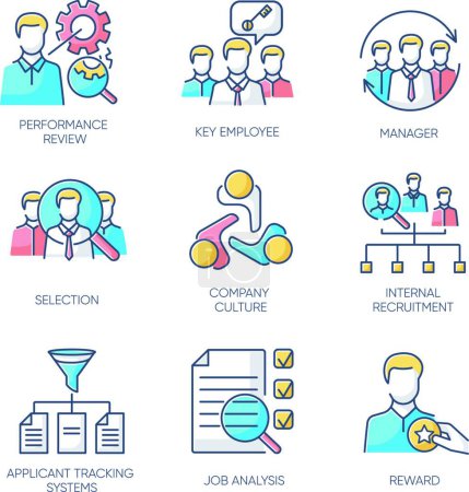 Illustration for "Recruitment RGB color icons set. Executive search, professional headhunting. Corporate employees search, staff hiring. Qualified office personnel selection. Isolated vector illustrations" - Royalty Free Image