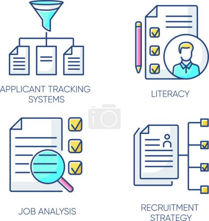 Illustration for "Professional employment RGB color icons set. Applicant tracking system, literacy, job analysis and recruitment strategy. Headhunting company, executive search. Isolated vector illustrations" - Royalty Free Image