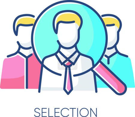 Illustration for "Selection RGB color icon. Executive search, professional headhunting, recruitment for vacancy, employment agency. Job candidates, recruits under magnifying glass isolated vector illustration" - Royalty Free Image