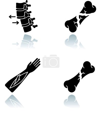Illustration for "Body part injuries drop shadow black glyph icons set. Spinal vertebra dislocation. Open fracture. Broken bones. Medical condition. Accident. Treatment. Isolated vector illustrations on white space" - Royalty Free Image