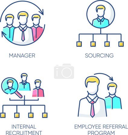 Illustration for "Executive search RGB color icons set. Manager, sourcing, internal recruitment and employee referral program. Professional headhunting strategies, staff hiring tactics. Isolated vector illustrations" - Royalty Free Image