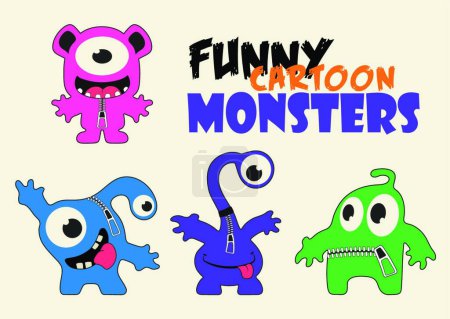 Téléchargez les illustrations : "Drôle de dessin animé monstres colorés. Des monstres avec des émotions. Expression faciale." - en licence libre de droit