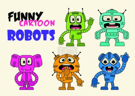 Téléchargez les illustrations : "Robots colorés drôles de dessin animé, robots. Des robots avec des émotions. Expression faciale." - en licence libre de droit