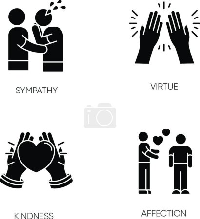 Illustration for "Social connection black glyph icons set on white space. Interpersonal relationship, friendship silhouette symbols. Sympathy, virtue, kindness and affection. Vector isolated illustration" - Royalty Free Image