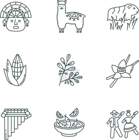 Ilustración de "Conjunto de iconos lineales perfectos de píxeles Perú. Incas, alpaca, cobaya, maíz, coca, vainilla, ceviche, marinera. Personalizable delgada línea contorno símbolos. Ilustraciones aisladas de contornos vectoriales. Carrera editable
" - Imagen libre de derechos