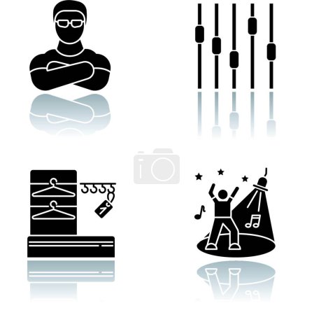 Illustration for "Nightclub drop shadow black glyph icons set. Face control, late night party, night club discotheque. Bouncer, wardrobe, dance floor and equalizer isolated vector illustrations on white space" - Royalty Free Image