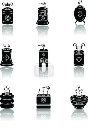 Illustration for "Air ionizers variety drop shadow black glyph icons set. Ultrasonic and steam air humidifiers, climate control devices, room humidity regulators. Isolated vector illustrations on white space" - Royalty Free Image