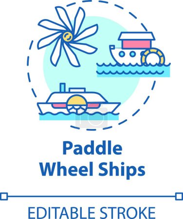 Illustration for "Paddle wheel ship concept icon. Vintage steamship. Retro river boat. Steamer ship. Water vessel. Steamboat idea thin line illustration. Vector isolated outline RGB color drawing. Editable stroke" - Royalty Free Image