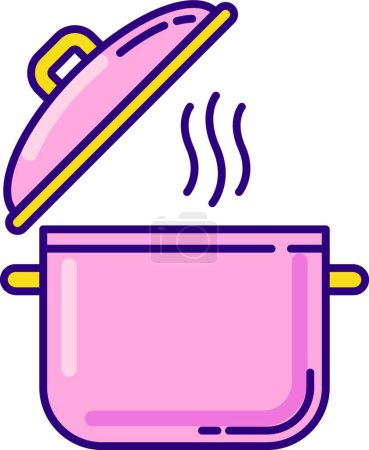 Téléchargez les illustrations : "Cuisson pot rose icône de couleur RVB. Recette pour la casserole. Casserole à la vapeur. Mignon ustensiles de cuisine. Ouvre le couvercle. Soupe bouillante chaude. Préparer le plat de bouillon. Cuisine, culinaire. Illustration vectorielle isolée
" - en licence libre de droit
