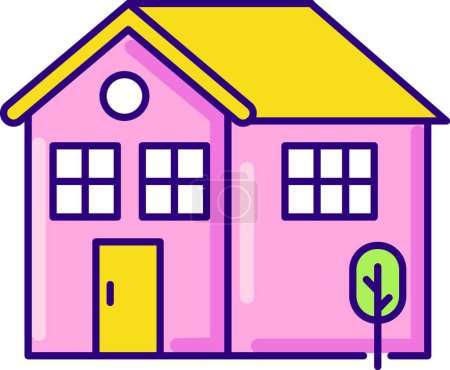 Ilustración de "Inicio rosa icono de color RGB. Hipoteca residencial. Cobertura inmobiliaria. Alquiler de cabañas. Construcción en venta. Residencia urbana con puerta y ventana. Ilustración vectorial aislada
" - Imagen libre de derechos