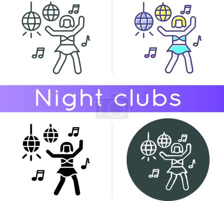Illustration for "Go go dancer icon. Linear black and RGB color styles. Trendy night club recreation, rave party. Entertainment venue performer. Young clubber dancing on nightclub stage isolated vector illustrations" - Royalty Free Image