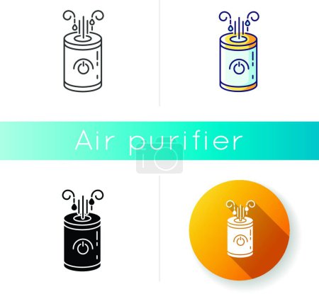 Illustration for "Air cleaner icon. Household humidifier, ionizer, water vaporizer, asthma prophylaxis system, healthcare domestic device. Linear black and RGB color styles. Isolated vector illustrations" - Royalty Free Image