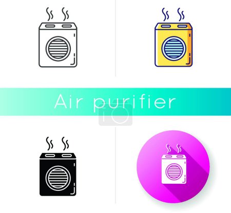 Illustration for "Modern air filter icon. Humidifying household appliance, ionizer, home air purifier, room climate regulating equipment. Linear black and RGB color styles. Isolated vector illustrations" - Royalty Free Image