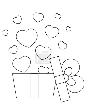 Téléchargez les illustrations : "Boîte cadeau ouverte avec des coeurs. Illustration de dessin en noir et blanc" - en licence libre de droit