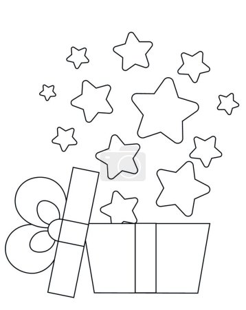 Téléchargez les illustrations : "Boîte cadeau ouverte avec étoiles. Illustration de dessin en noir et blanc" - en licence libre de droit