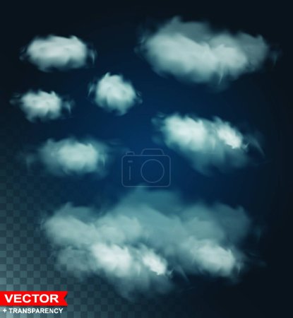 Téléchargez les illustrations : "Ensemble vectoriel transparent de nuages blancs photoréalistes" - en licence libre de droit