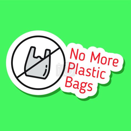 Illustration for "no more plastic bag color vector eco sticker. no more plastic bag sticker with lettering. color filled sticker with shadow on green. go green, no plastic and zero waste eco friendly concept" - Royalty Free Image