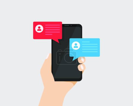 Illustration for "Hand holding Smartphone with messages notification on display. Chat bubbles with message on phone screen isolated. Vector illustration EPS 10" - Royalty Free Image