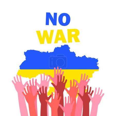 Téléchargez les illustrations : "Pas de guerre en Ukraine. Arrêtez la guerre de la Russie contre l'Ukraine. Carte de l'Ukraine et les mains des manifestants contre la guerre. Illustration vectorielle SPE 10" - en licence libre de droit