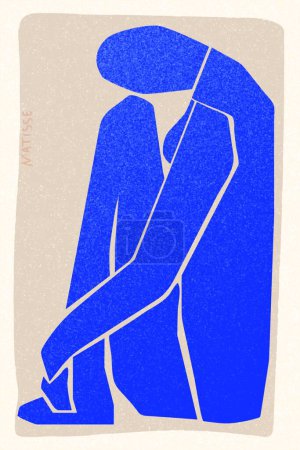 Téléchargez les illustrations : "Matisse Figurine abstraite d'art, Nu bleu, Femme assise bleue, Art moderne minimaliste, Illustration expressionniste, Vecteur, Affiche, Carte postale" - en licence libre de droit