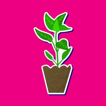 Illustration for Hand drawn sticker vegetable seedlings isolated on pink background. Cartoon pepper in peat pot for seedlings. home garden vector clipart. Green nature flat elements - Royalty Free Image