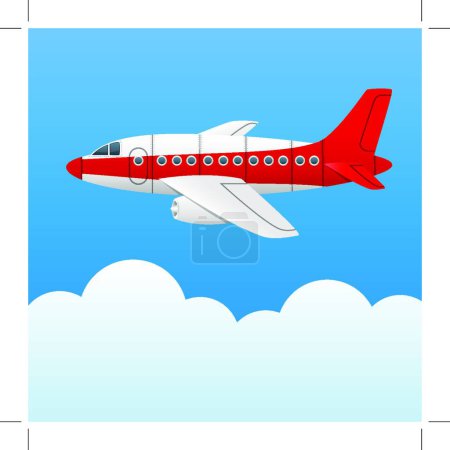 Téléchargez les illustrations : "Avion de couleur variable sur fond de ciel bleu et de nuages blancs. Cartoon style. Image vectorielle
." - en licence libre de droit