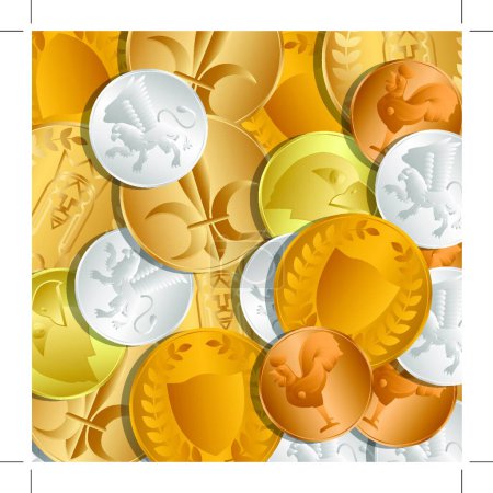 Illustration for "The background of the coins. The treasure of gold and silver coins lying loose on each other. Vector Image." - Royalty Free Image