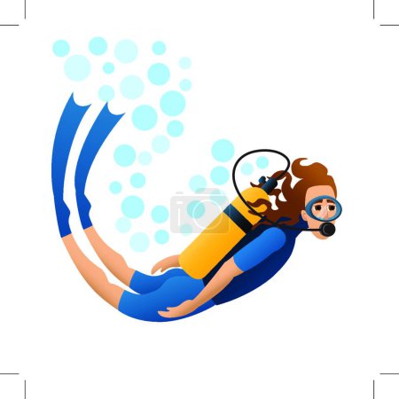 Téléchargez les illustrations : Plongeur flottant dans l'eau. Image isolée. Fond blanc. Vecteur - en licence libre de droit