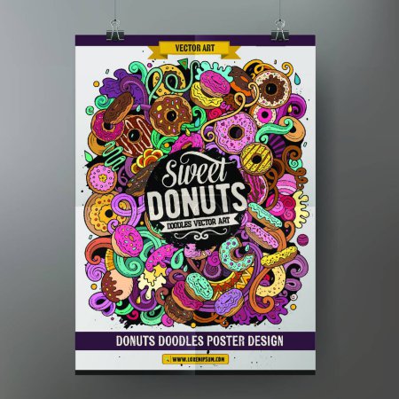 Illustration for Donuts doodles poster design. Confectionery sign board template. - Royalty Free Image