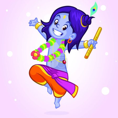Ilustración de Pequeña caricatura Krishna con una flauta. Tarjeta de felicitación para el cumpleaños de Krishna. Ilustración vectorial aislada sobre fondo blanco. Ilustración esbozada - Imagen libre de derechos
