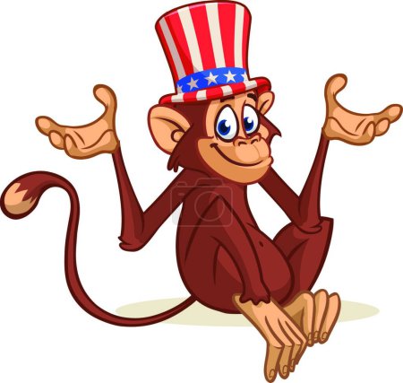 Téléchargez les illustrations : "Dessin animé drôle et mignon singe portant chapeau oncle Sam Amirican le jour de l'indépendance des États-Unis" - en licence libre de droit