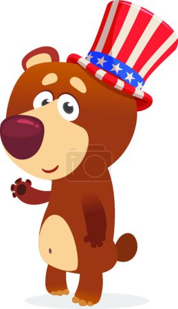 Téléchargez les illustrations : "Drôle de dessin animé gros ours portant le chapeau Oncle Sam. Conception de personnage Grizzly pour la fête de l'indépendance américaine" - en licence libre de droit