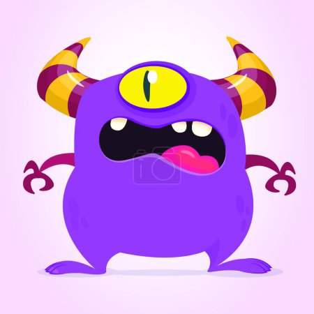 Ilustración de "Monstruo de dibujos animados enojado con un ojo. Vector ilustración monstruo púrpura. Diseño de Halloween
" - Imagen libre de derechos