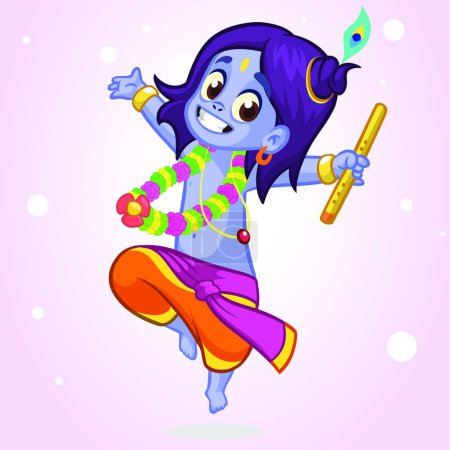 Illustration for "Little cartoon Krishna with a flute. Greeting card for Krishna birthday. Vector illustration isolated on a white background. Outlined illustration" - Royalty Free Image