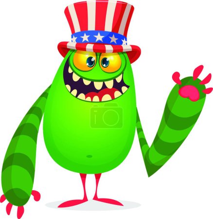 Téléchargez les illustrations : Dessin animé monstre drôle portant chapeau oncle Sam Amirican le jour de l'indépendance des États-Unis. Illustration vectorielle du caractère d'une créature étrangère - en licence libre de droit