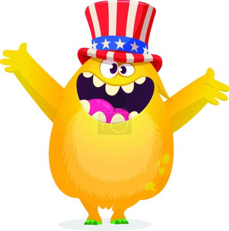 Téléchargez les illustrations : Dessin animé monstre drôle portant chapeau oncle américain Sam le jour de l'indépendance des États-Unis. Illustration vectorielle du caractère d'une créature étrangère. Conception pour l'impression, affiche - en licence libre de droit