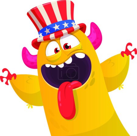 Téléchargez les illustrations : "Dessin animé monstre drôle portant chapeau oncle Sam Amirican le jour de l'indépendance des États-Unis. Illustration vectorielle du caractère d'une créature étrangère" - en licence libre de droit