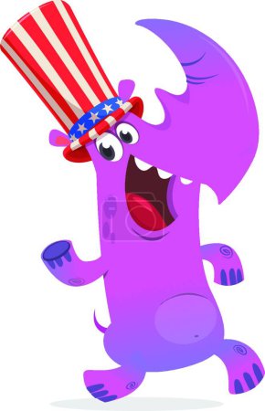 Ilustración de "Divertido rinoceronte de dibujos animados con sombrero de Tío Sam. Diseño de personajes para el Día de la Independencia Americana. Ilustración vectorial para impresión, póster o invitación" - Imagen libre de derechos