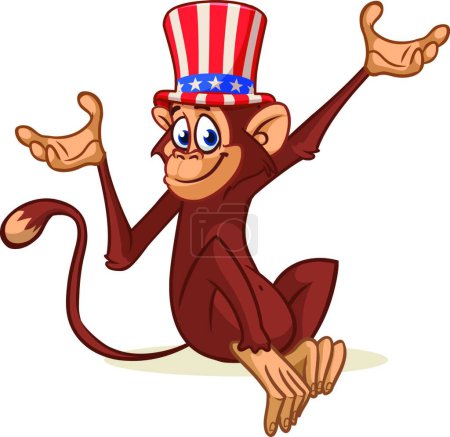 Téléchargez les illustrations : "Dessin animé drôle et mignon singe portant chapeau oncle Sam Amirican le jour de l'indépendance des États-Unis" - en licence libre de droit