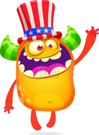 Téléchargez les illustrations : "Dessin animé monstre drôle portant chapeau oncle Sam Amirican le jour de l'indépendance des États-Unis. Illustration vectorielle du caractère d'une créature étrangère" - en licence libre de droit