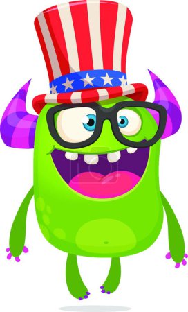 Téléchargez les illustrations : Cartoon funny monster wearing American uncle Sam hat on USA Independence Day . Vector illustration of alien creature character - en licence libre de droit