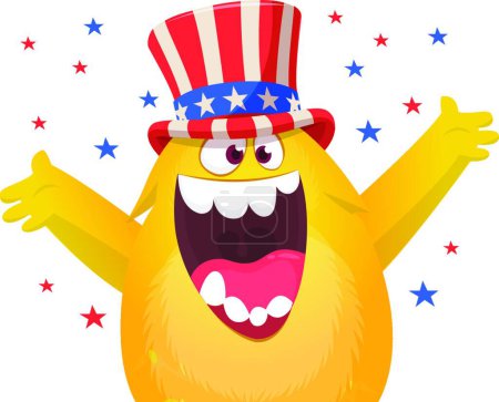 Téléchargez les illustrations : "Dessin animé monstre drôle portant chapeau oncle américain Sam le jour de l'indépendance des États-Unis. Illustration vectorielle du caractère d'une créature étrangère. Conception pour l'impression, affiche " - en licence libre de droit