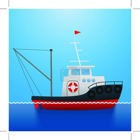Téléchargez les illustrations : "Un remorqueur. Navire de pêche. Cartoon style. Drôle de photo. Image vectorielle
." - en licence libre de droit