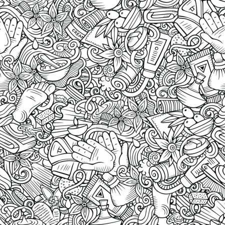 Illustration for "Massage hand drawn doodles seamless pattern. Spa therapy background" - Royalty Free Image