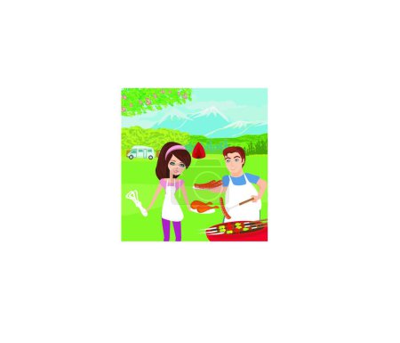 Illustration for "couple outdoor grilling meat " - Royalty Free Image