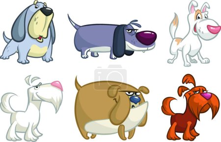 Téléchargez les illustrations : "Jeu de chiens de bande dessinée. Récupérateur, teckel, terrier, pitbull, épagneul, bulldog, basset hound, afghan hound
" - en licence libre de droit