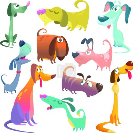 Téléchargez les illustrations : "Collection de dessins animés de chiens illustrés. Grand ensemble de chiens de dessin animé race" - en licence libre de droit