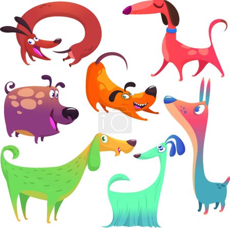 Téléchargez les illustrations : "Collection de dessins animés de chiens illustrés. Grand ensemble de chiens de dessin animé race" - en licence libre de droit